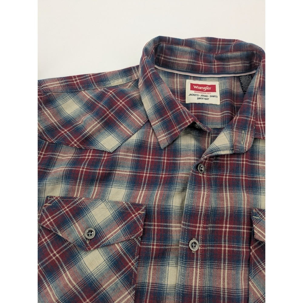 Wrangler Western Plaid Flannel Shirt Men Large Long Sleeve Snap Button Red Beige - Picture 9 of 9